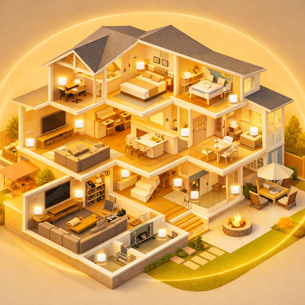 Multi-story home cutaway showing a mesh Wi-Fi system providing seamless whole-house internet coverage.