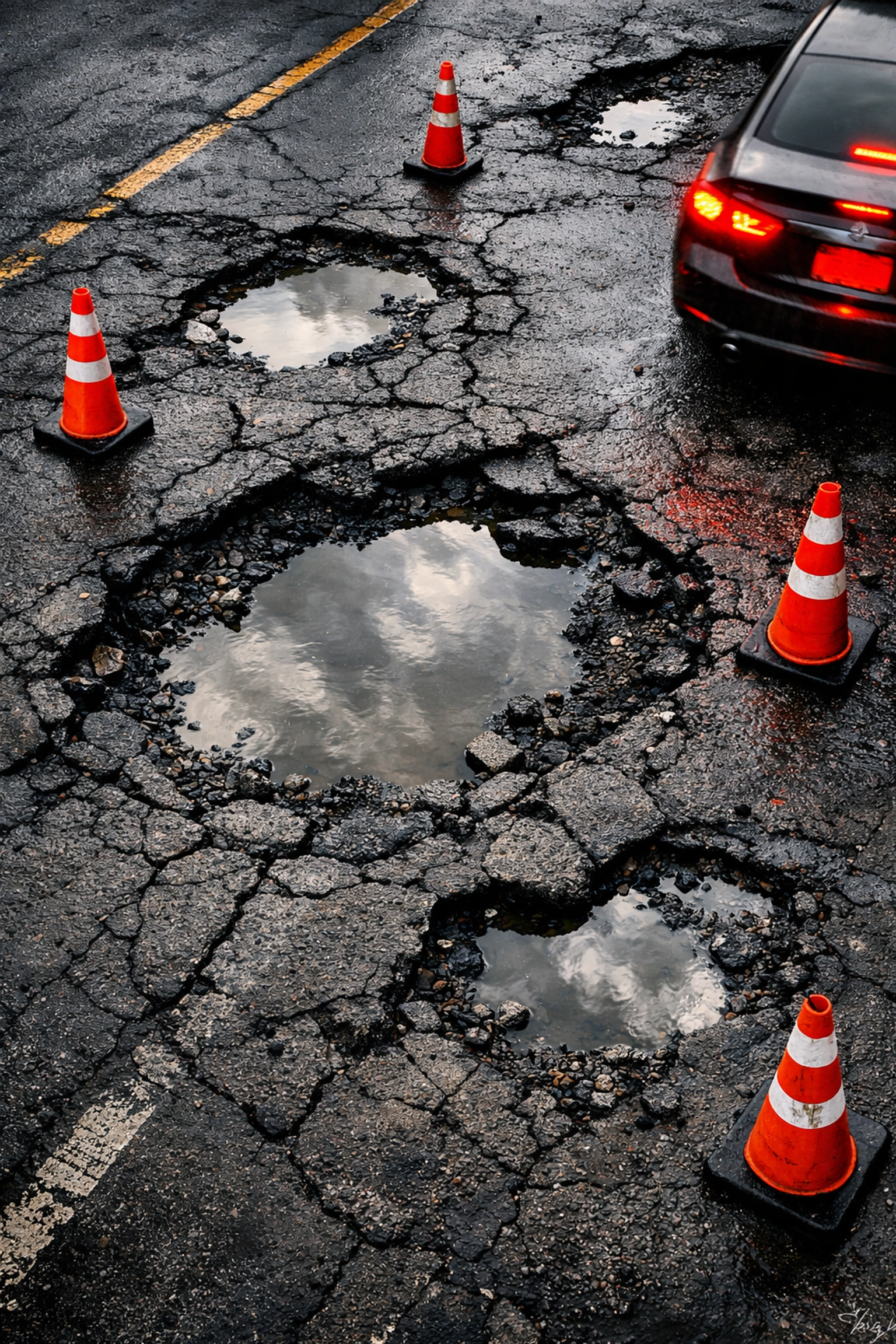 Montreal street damaged by potholes with traffic cones marking road hazards