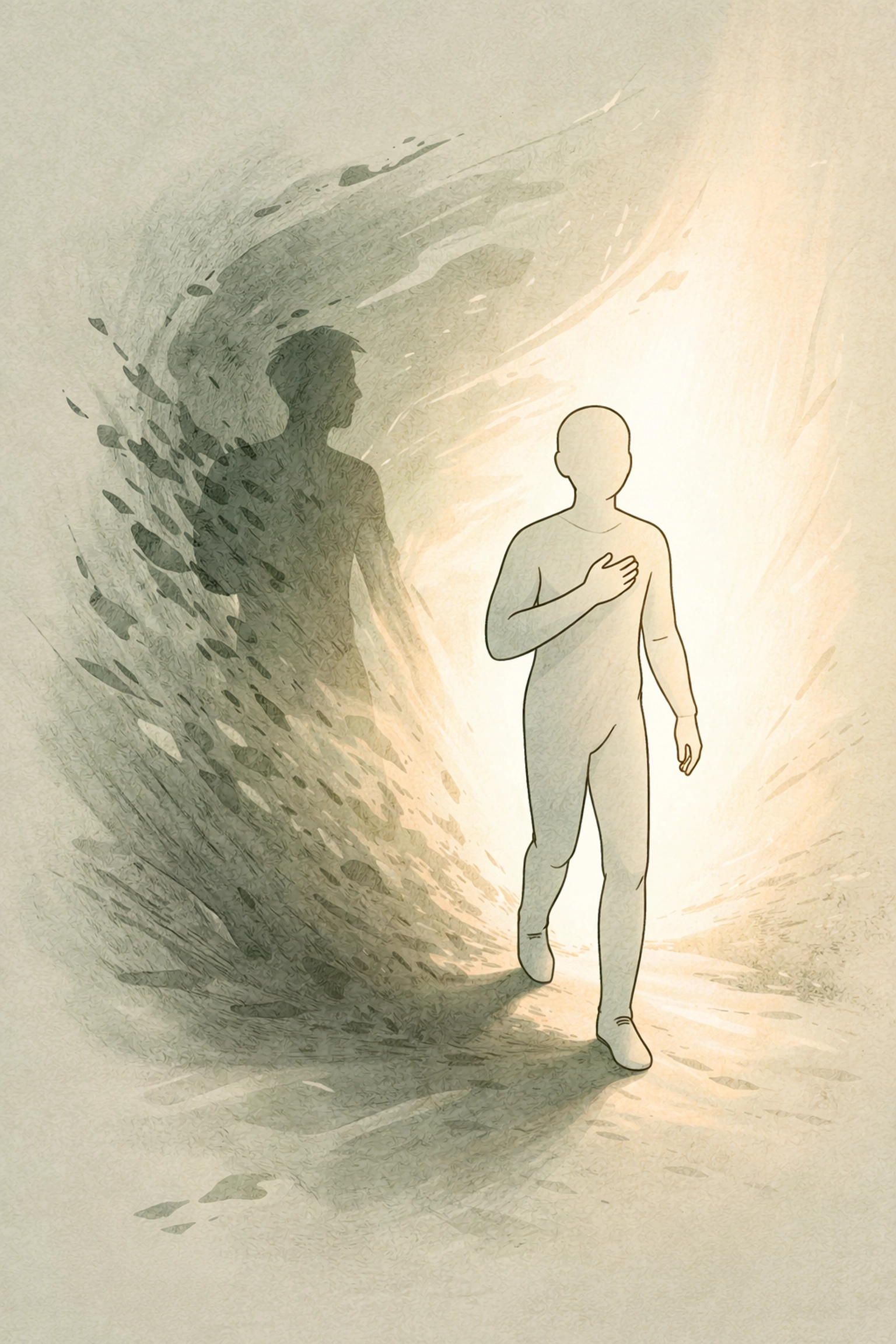 A person emerges from shadow into light, hand over heart, portraying strength and resilience through transgender transformation.