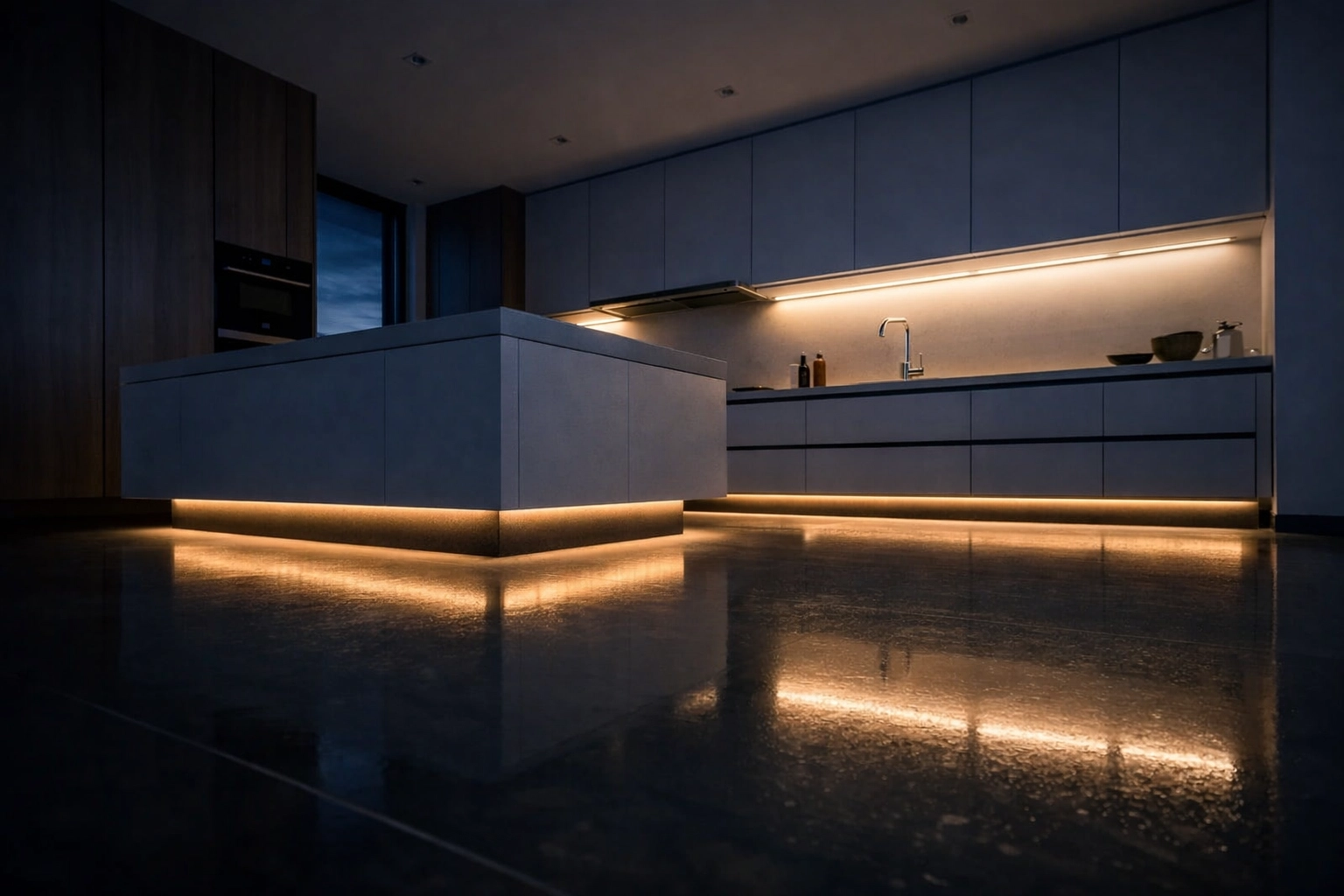Éclairage LED de coup de pied créant un effet flottant dans une cuisine haut de gamme.