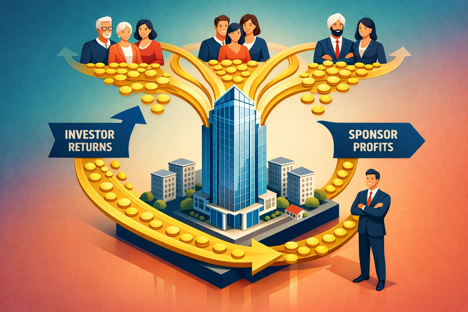 Capital flow illustration showing how real estate syndication returns reach accredited investors