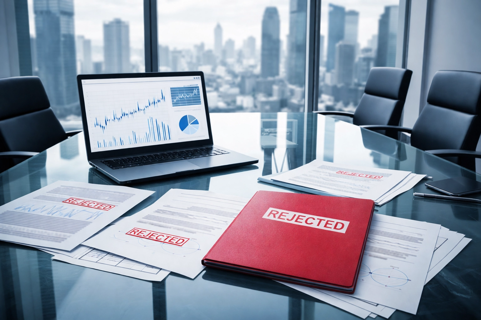 Modern conference room with financial charts and declined application documents, illustrating high-risk merchant account challenges