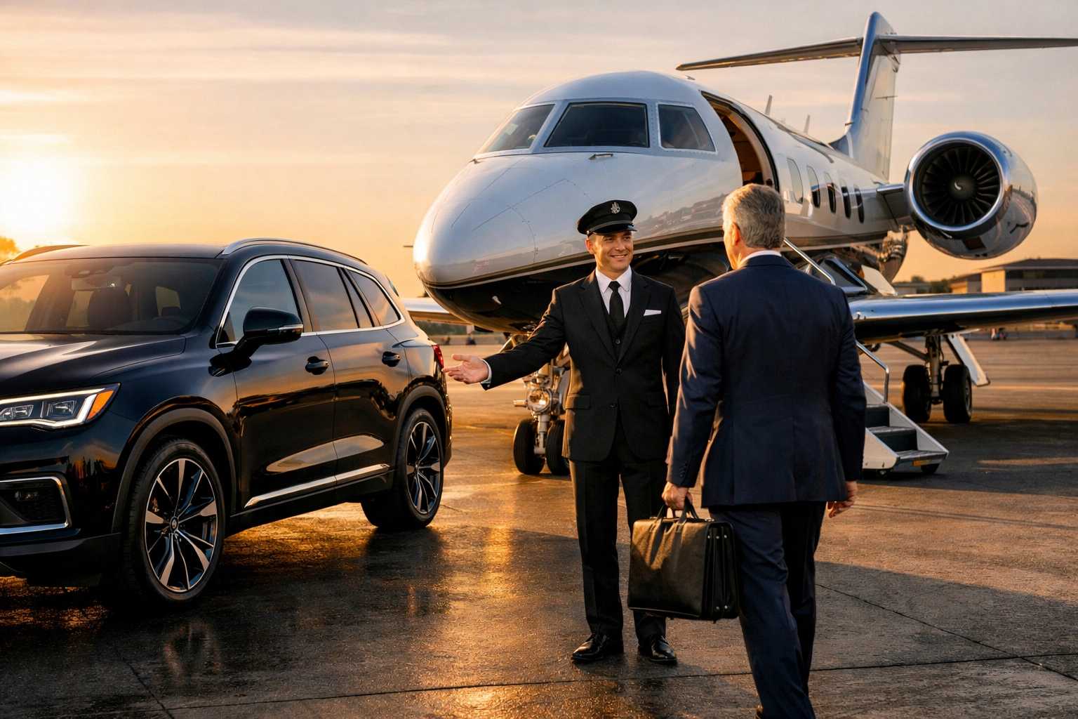 Concierge greeting an executive at a private jet and luxury SUV, showcasing seamless corporate travel logistics.