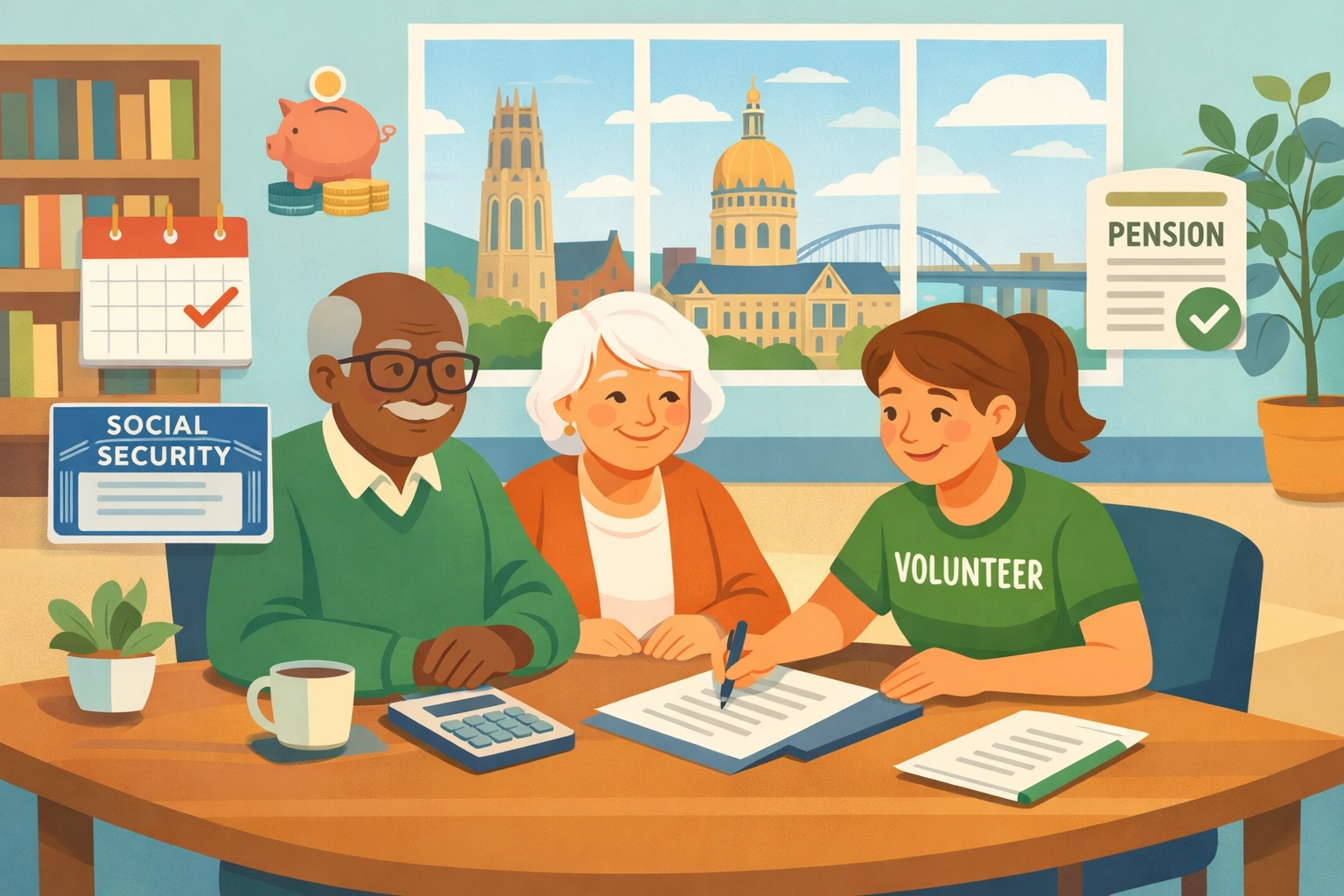 Senior couple receiving free tax counseling from volunteer at New Haven TCE site