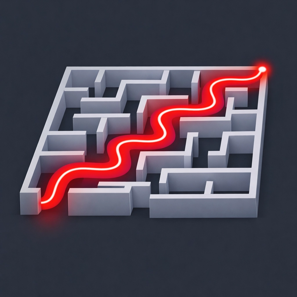Illustration of a clear red user path through a labyrinth, showing simple website navigation.