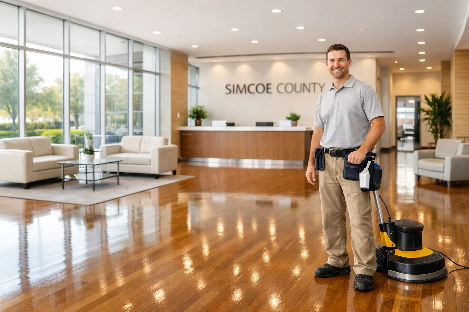 Professional cleaning technician in a clean Simcoe County commercial lobby with gleaming polished floors.