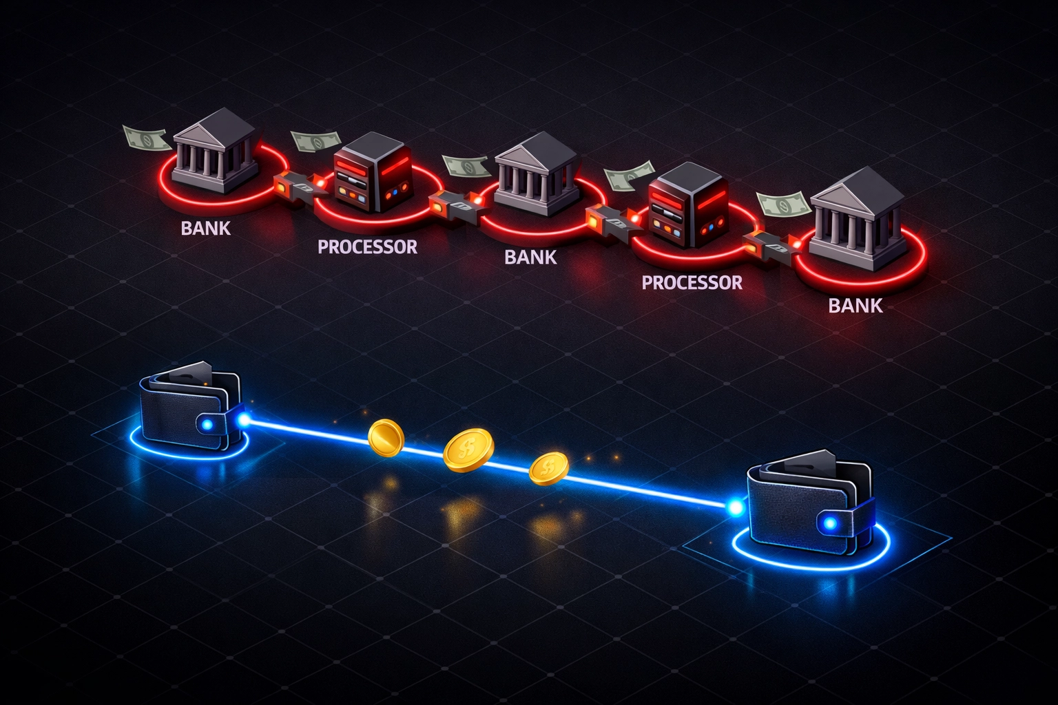 Traditional vs Web3 payment comparison showing blockchain efficiency reducing transaction fees