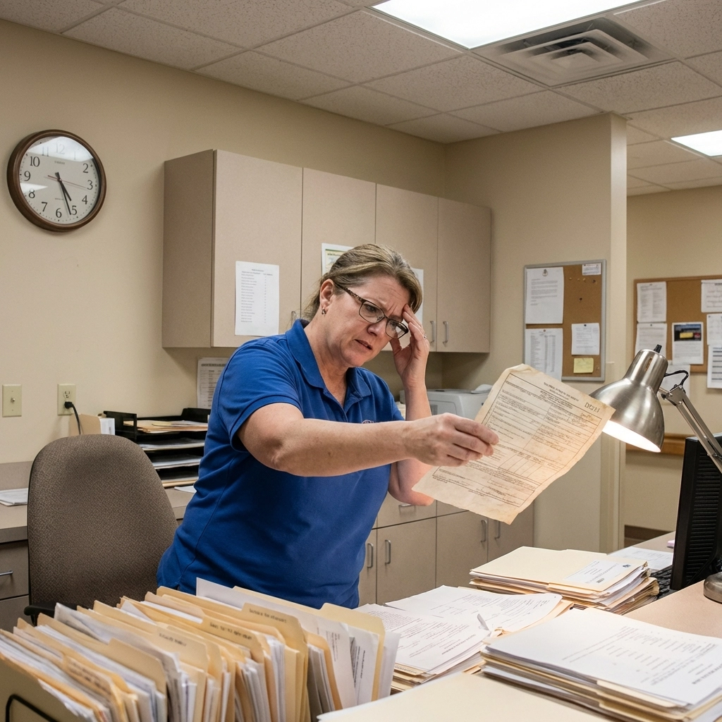 Stressed SNF admissions coordinator reviewing DD214 military discharge paperwork at a cluttered desk to streamline veteran referral process.