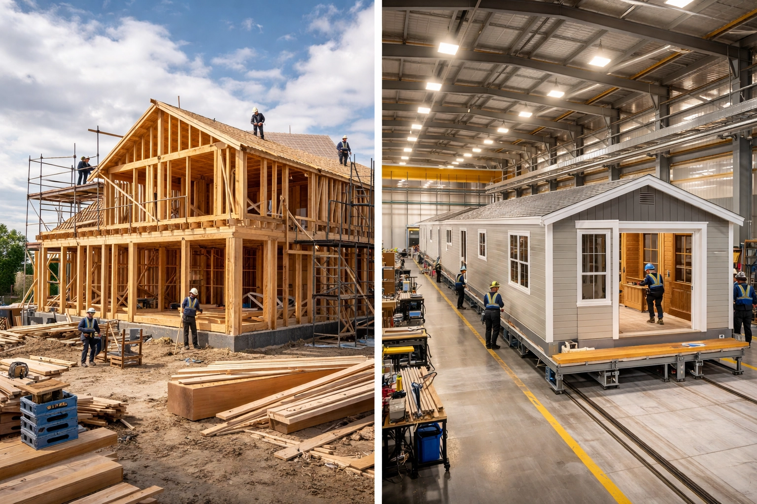 Side-by-side comparison of site-built construction versus manufactured home factory assembly