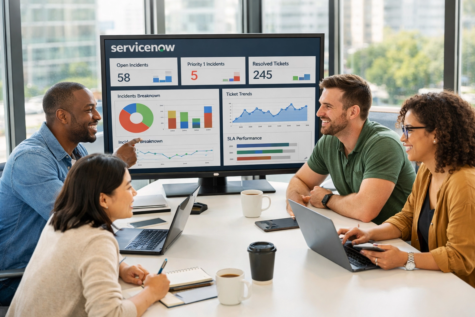 ServiceNow consulting team collaborating on implementation project with dashboard analytics