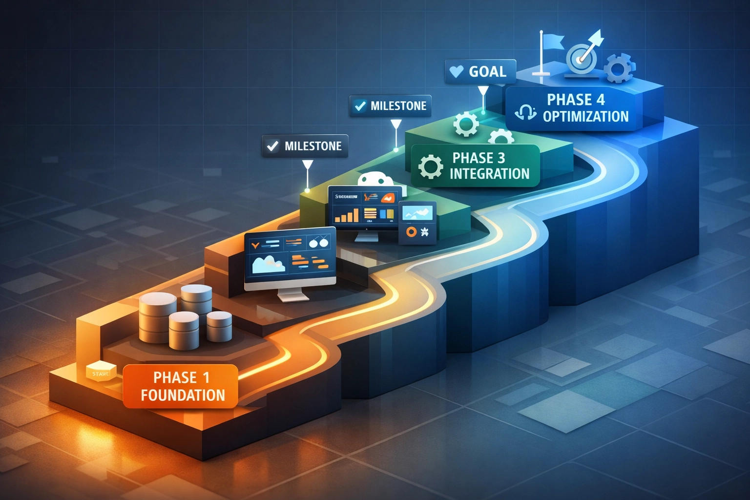 Four-phase ServiceNow DORA implementation roadmap with milestone progression