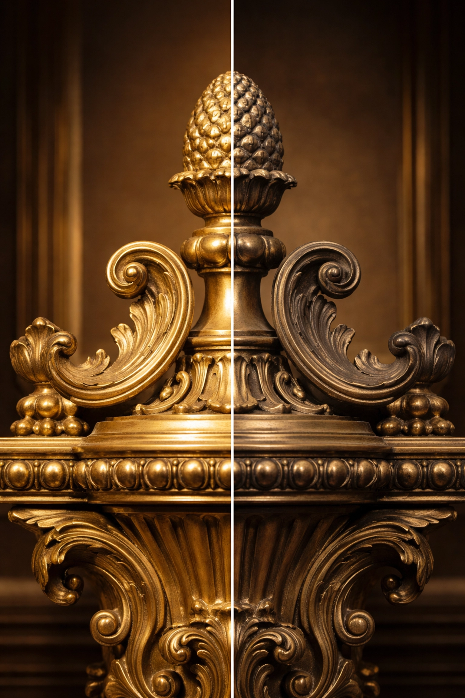 Split-view of brass architectural fixture showing professional restoration harmonizing aged patina with polished finish