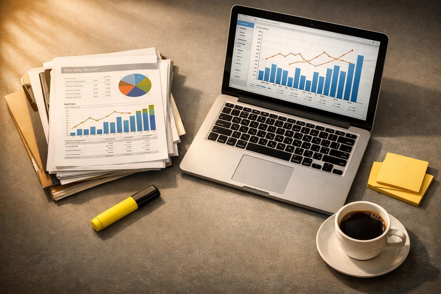Organized financial documents and laptop showing MSP business records for due diligence preparation
