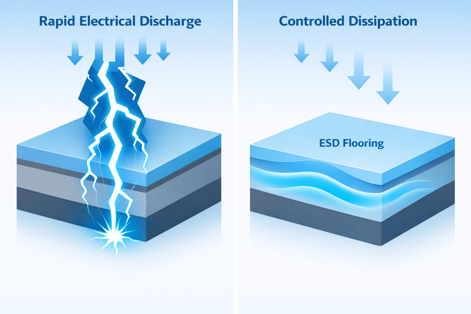 Side-by-side comparison of conductive flooring vs ESD flooring static discharge patterns in cleanrooms
