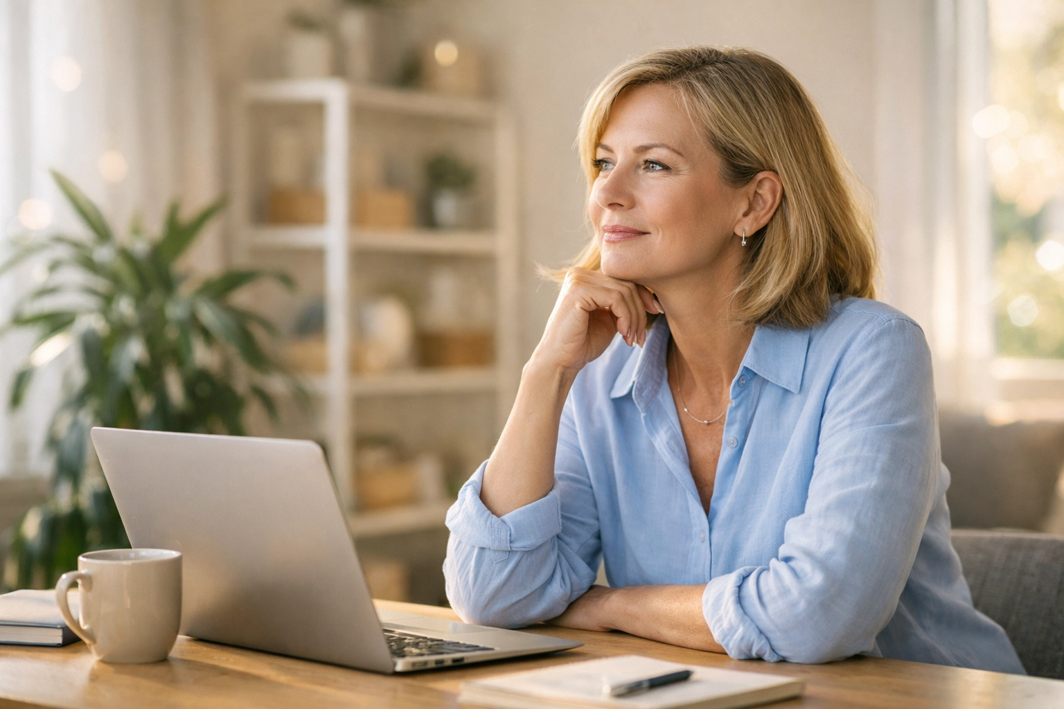 A professional woman in her 40s sitting at a desk, reflecting on managing menopause brain fog at work.