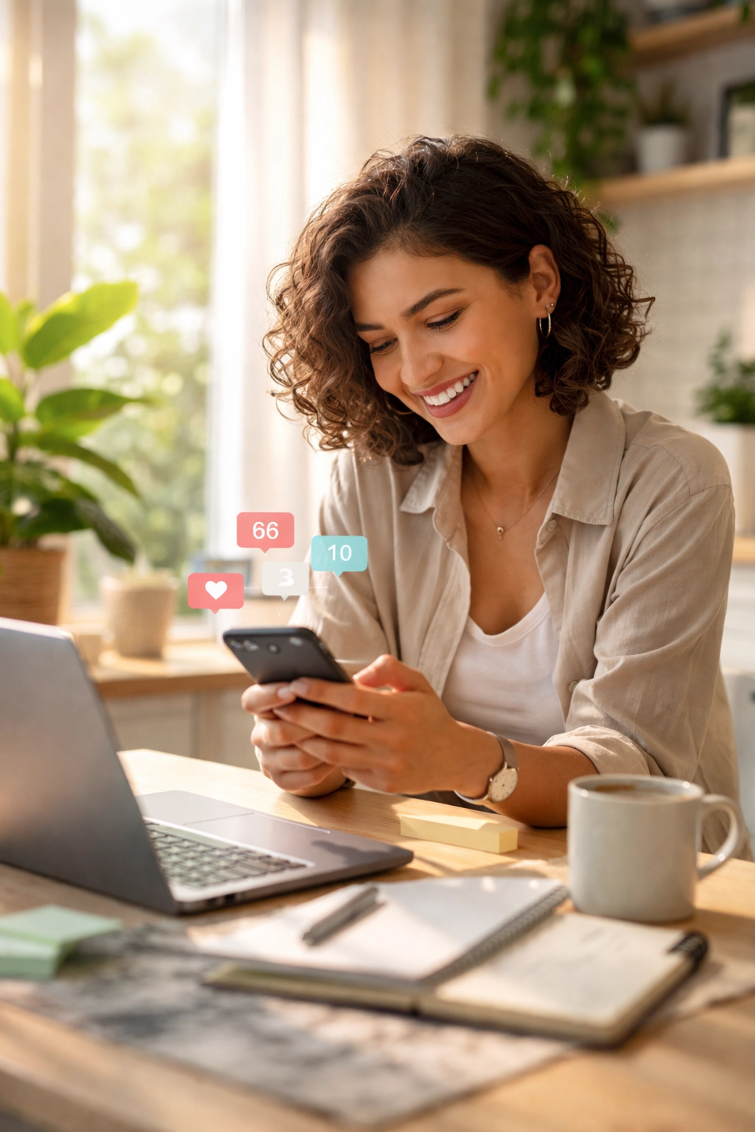 Young UK entrepreneur managing startup marketing at home, using a smartphone and laptop