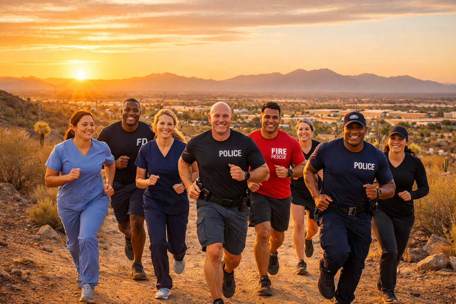 Healthcare workers and first responders running together on West Valley Arizona trail at sunrise