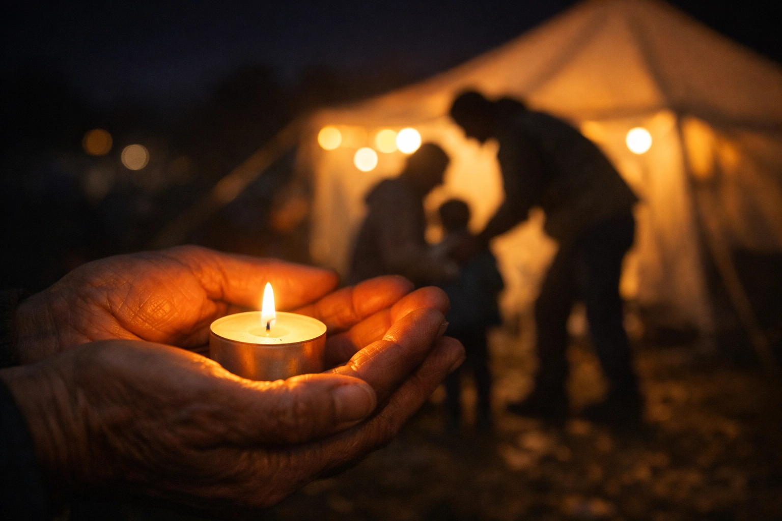Hands holding a glowing candle near a humanitarian tent, reflecting biblical compassion and serving those in need.