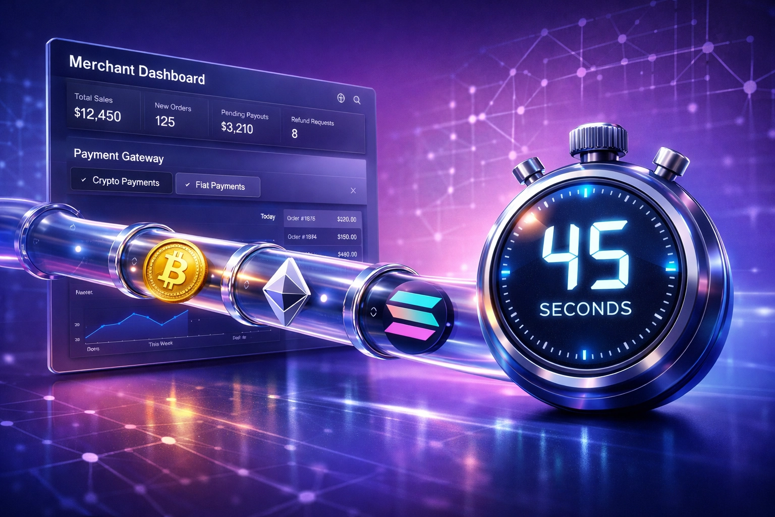 Larecoin merchant dashboard setup with crypto payment gateway showing 45-second quick onboarding