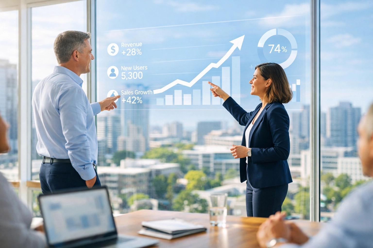 Marketing professionals reviewing a digital growth chart showing positive SEO performance and metrics.