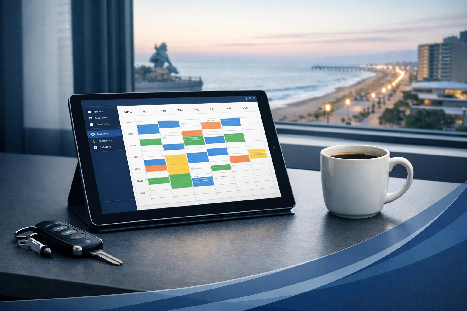 Personalized child custody scheduling on a tablet overlooking the Virginia Beach coast for Hampton Roads parents.