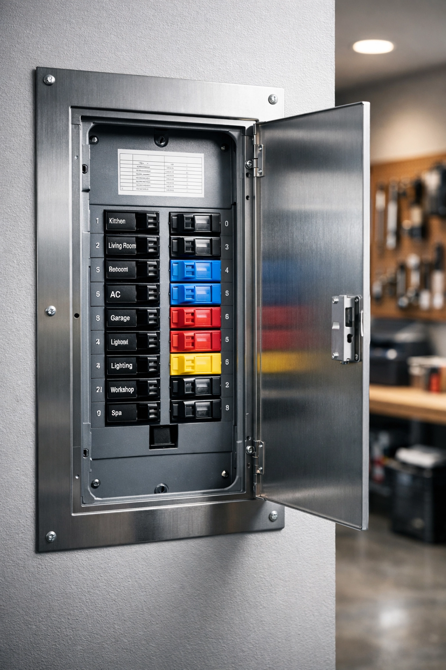 A residential electrical circuit breaker panel with labeled switches for emergency home repair safety.