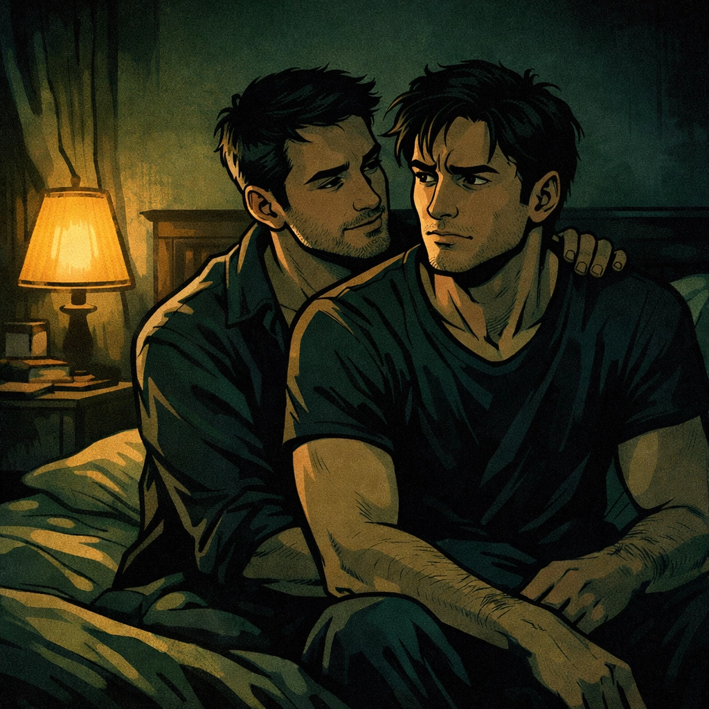 Two men embracing in dark MM romance psychological thriller Love in the Dark
