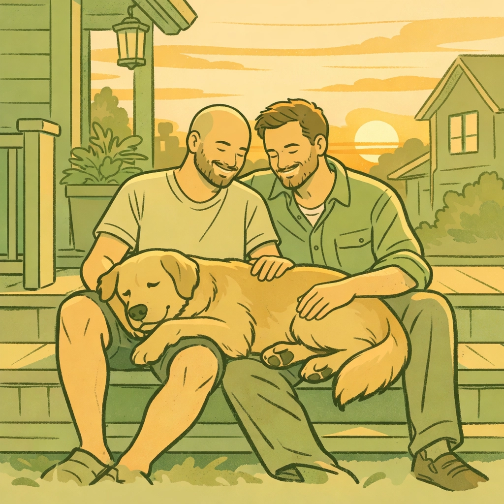 Gay couple and dog as chosen family on porch, representing long-term LGBTQ+ companionship