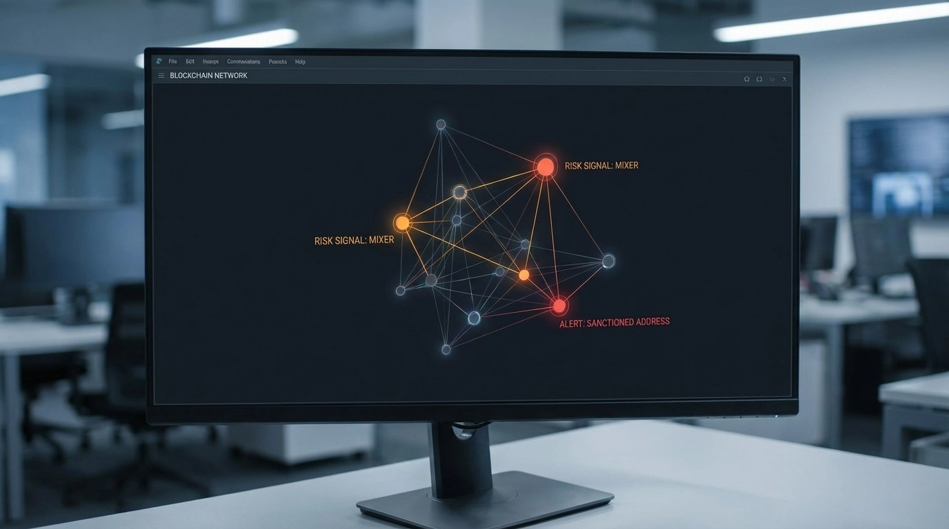 Dark abstract blockchain network visualization representing cryptocurrency risk signals and transaction monitoring crypto workflows