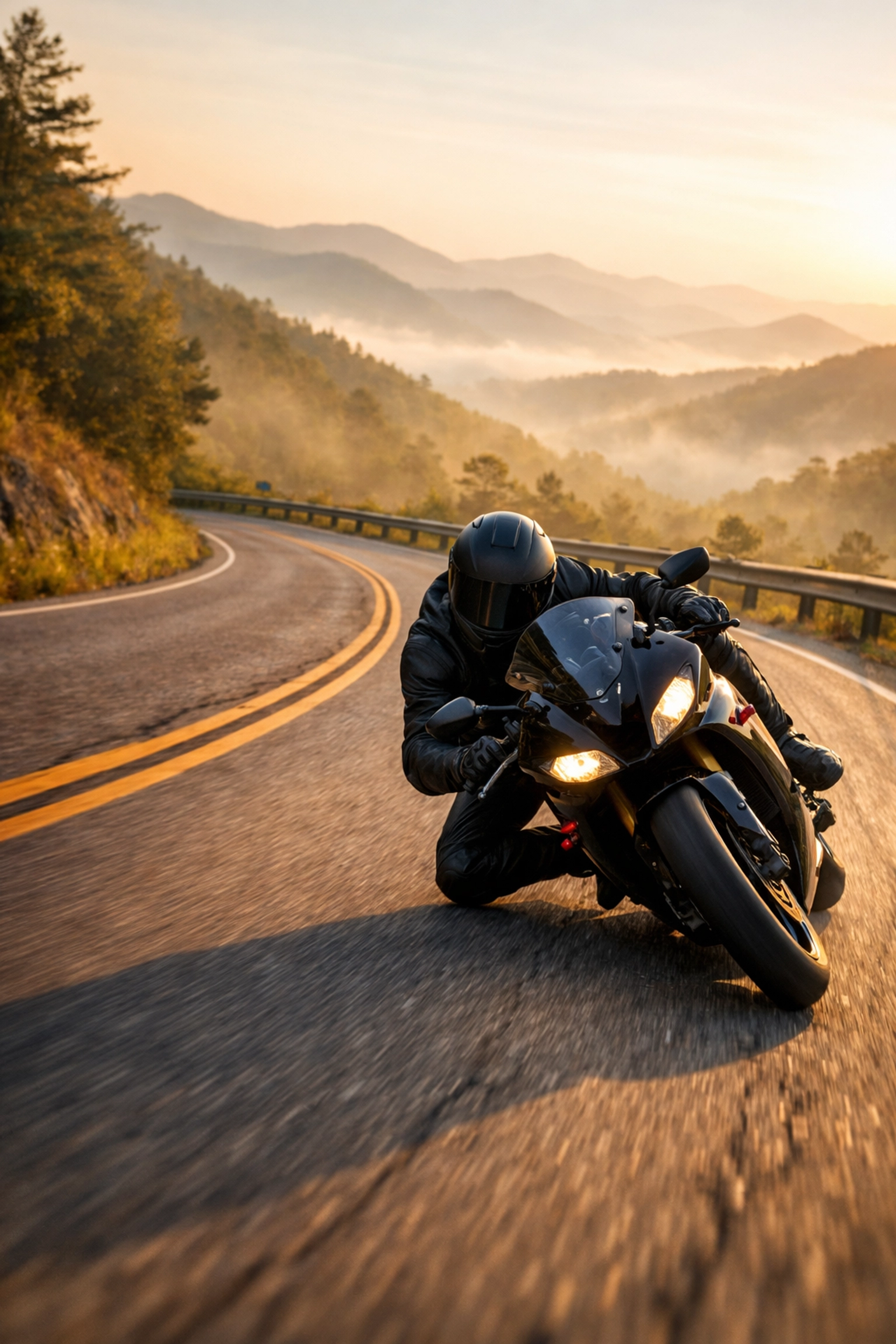 Motorcycle rider leaning into mountain curve on adventure tour
