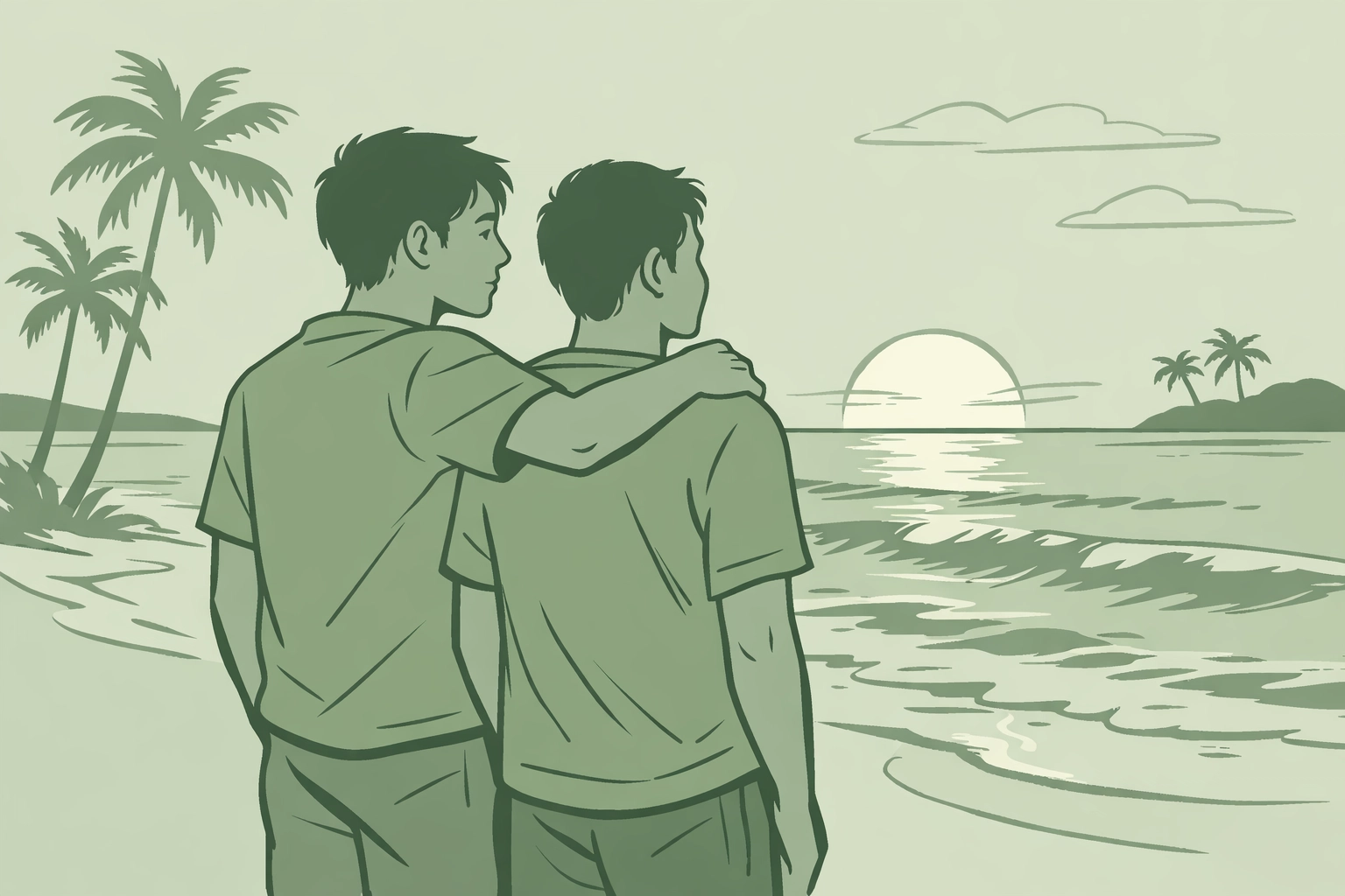 Two gay men embrace on a Philippine beach at sunset, symbolizing hope and resilience in LGBTQ+ community