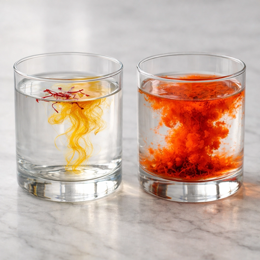 Water test comparison showing authentic Kashmiri saffron releasing golden hue versus counterfeit dyed strands.