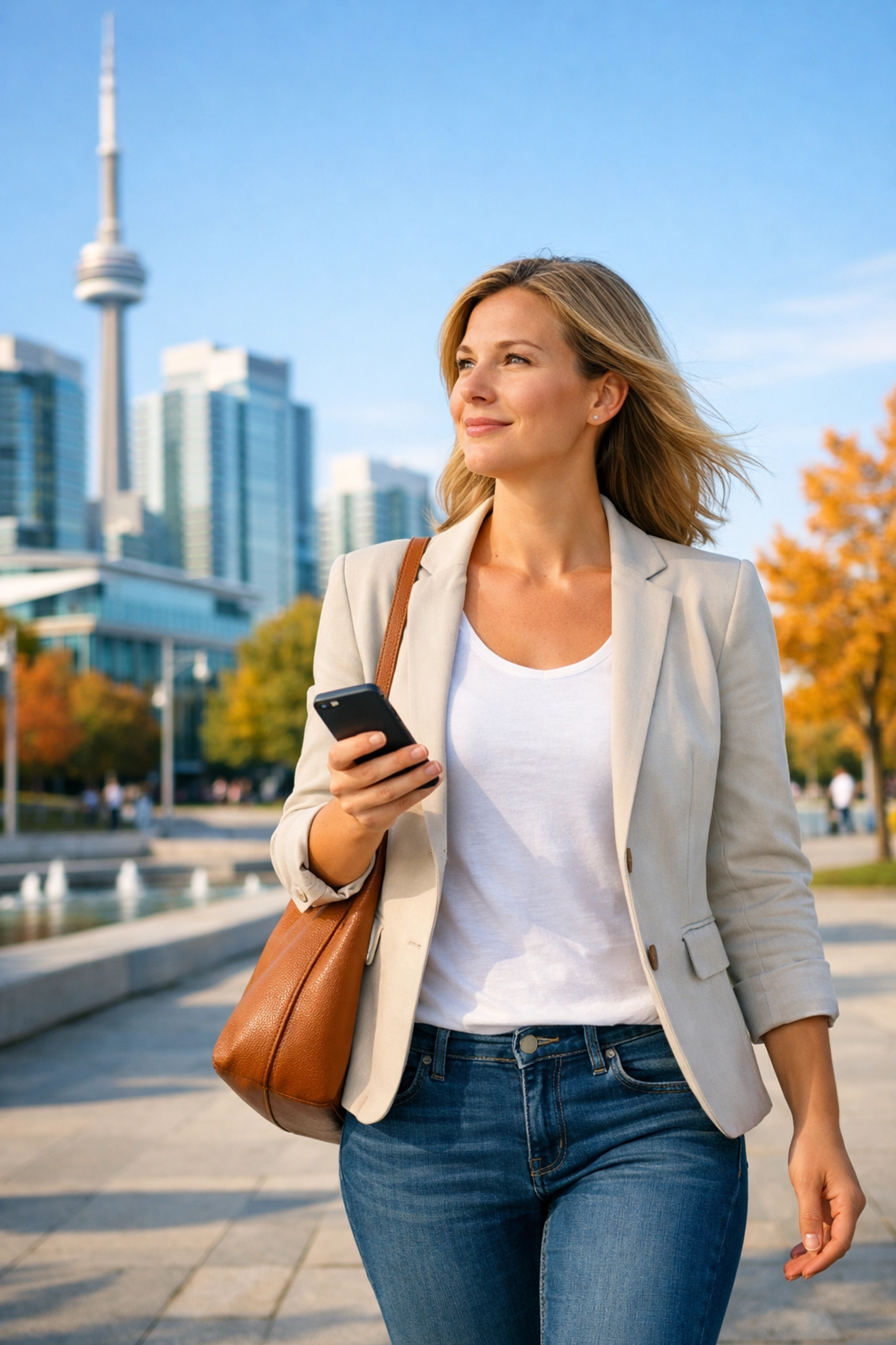 A woman in a Canadian park feeling financially secure after an instant cash loan approval.