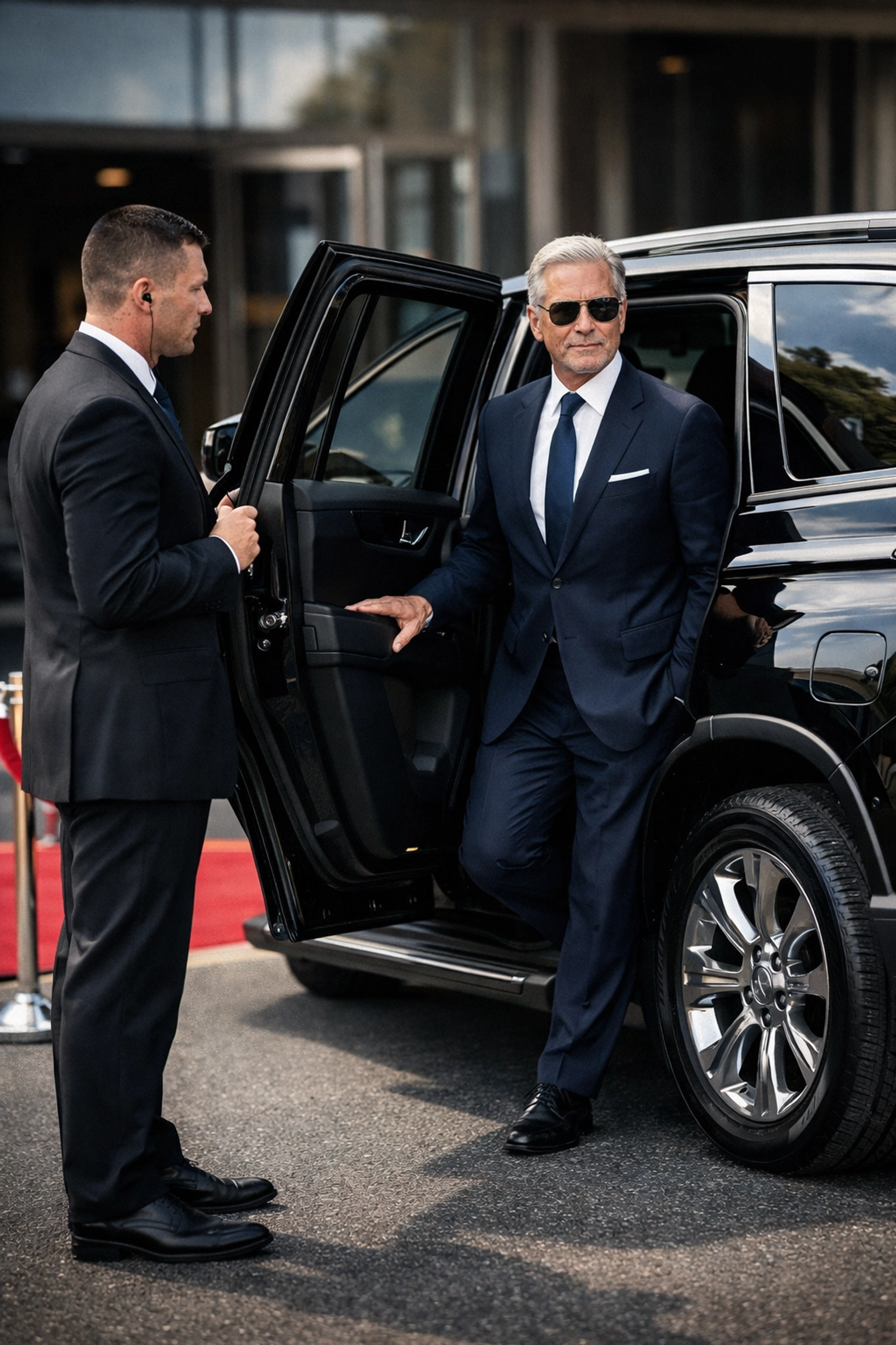 Professional VIP security detail assisting a high-profile guest arrival in an executive SUV.
