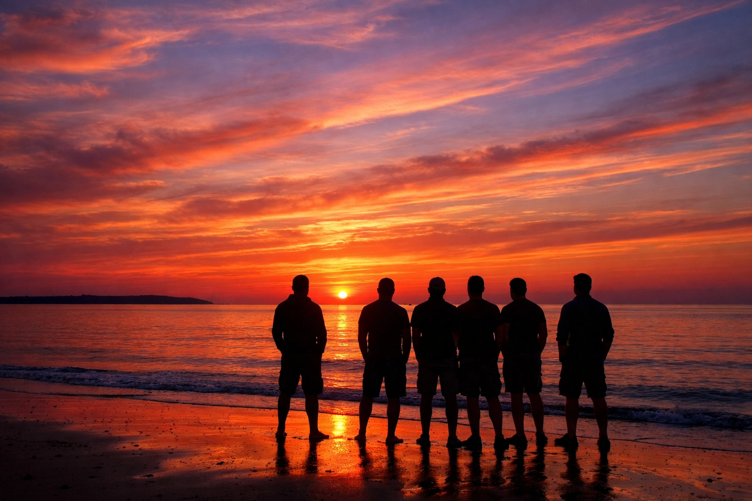 Men watching sunset over Cape Cod Bay at Herring Cove Beach