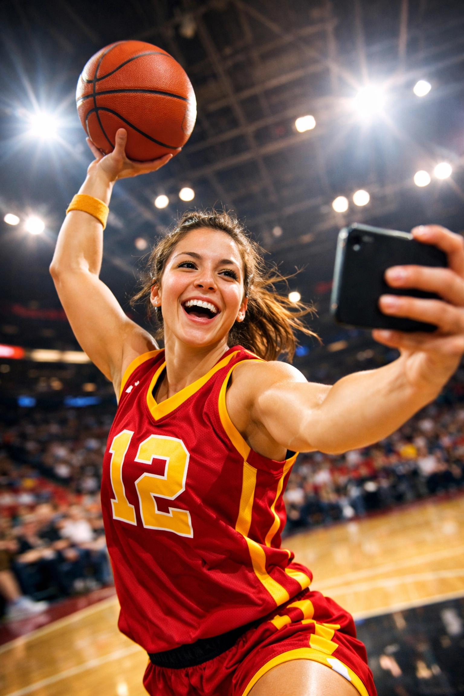 Female basketball player authentically creating social media content during game for NIL partnership