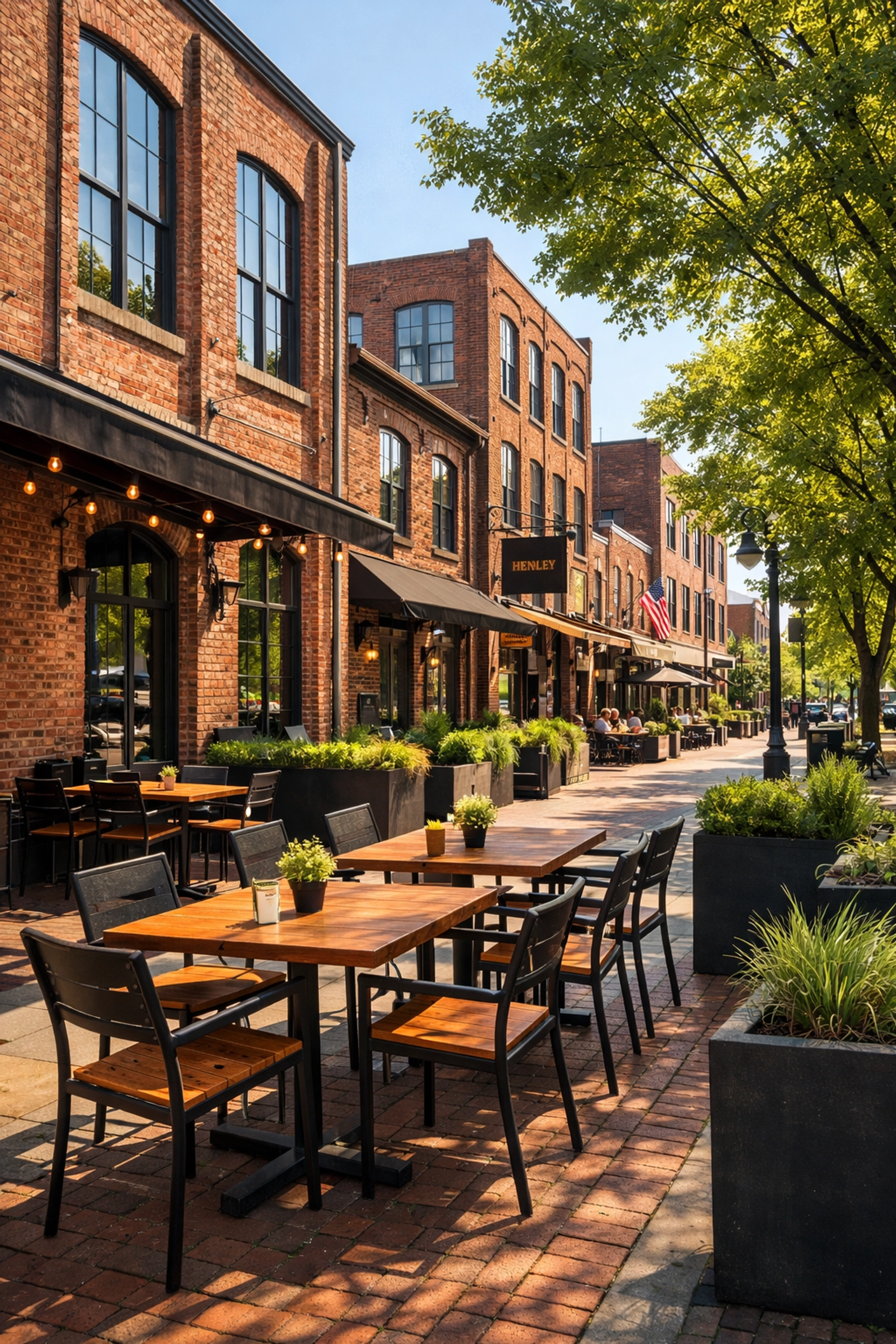 Historic Germantown Nashville street featuring red brick buildings, modern lofts, and charming outdoor cafe seating.