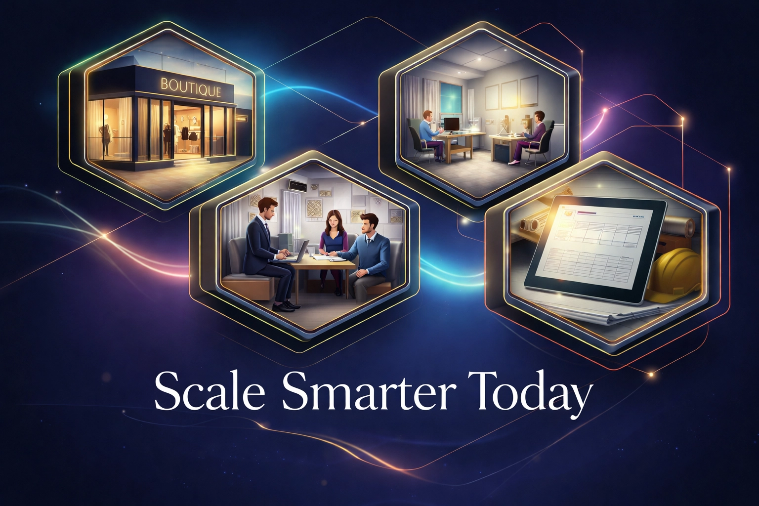 Industry scenes connected by gold lines, showing AI agents streamlining workflows for retail, healthcare, and services. Industry scenes connected by gold lines, showing AI agents streamlining workflows for retail, healthcare, and services.