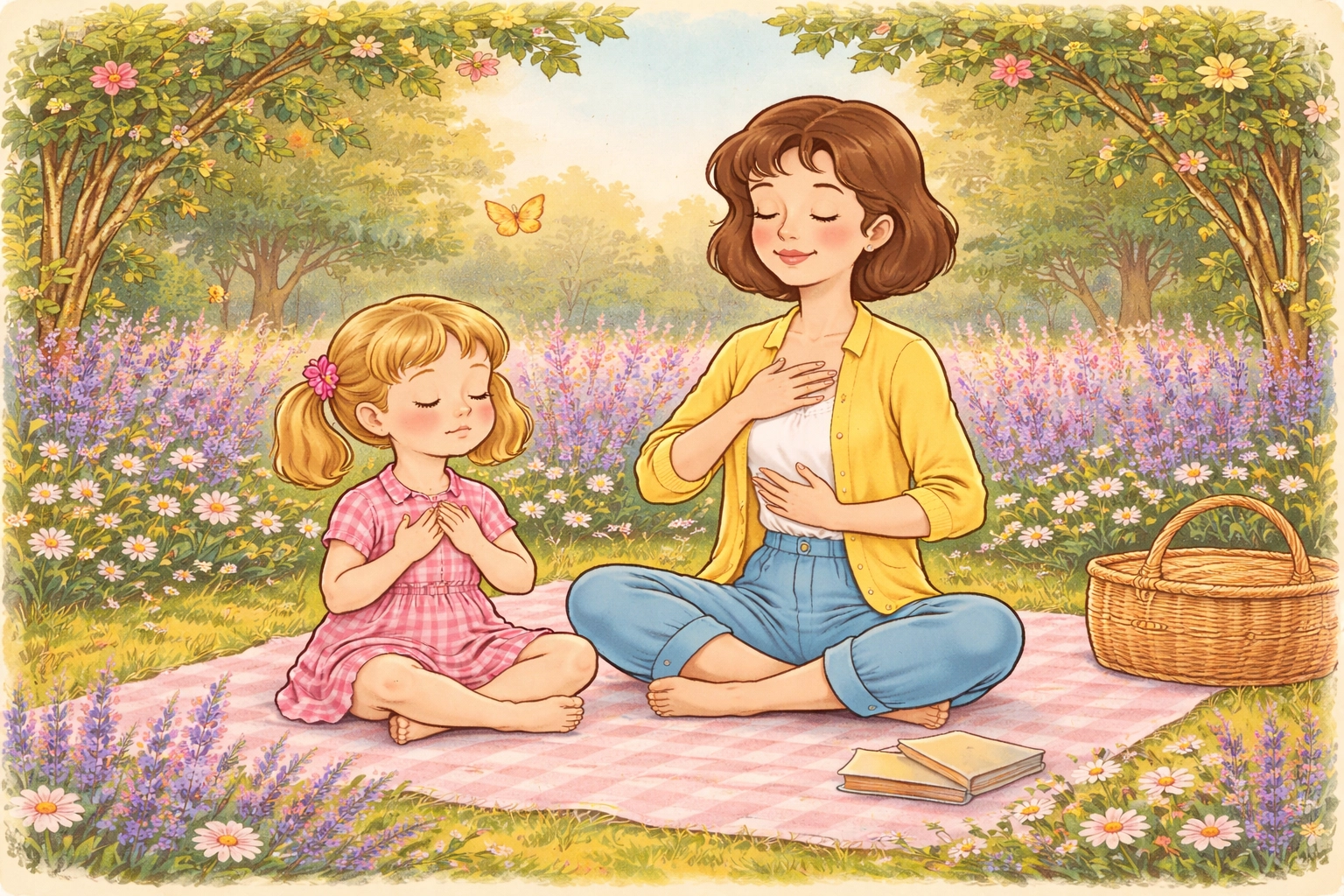 Parent and child doing breathing exercises on a garden blanket, family mindfulness in nature.