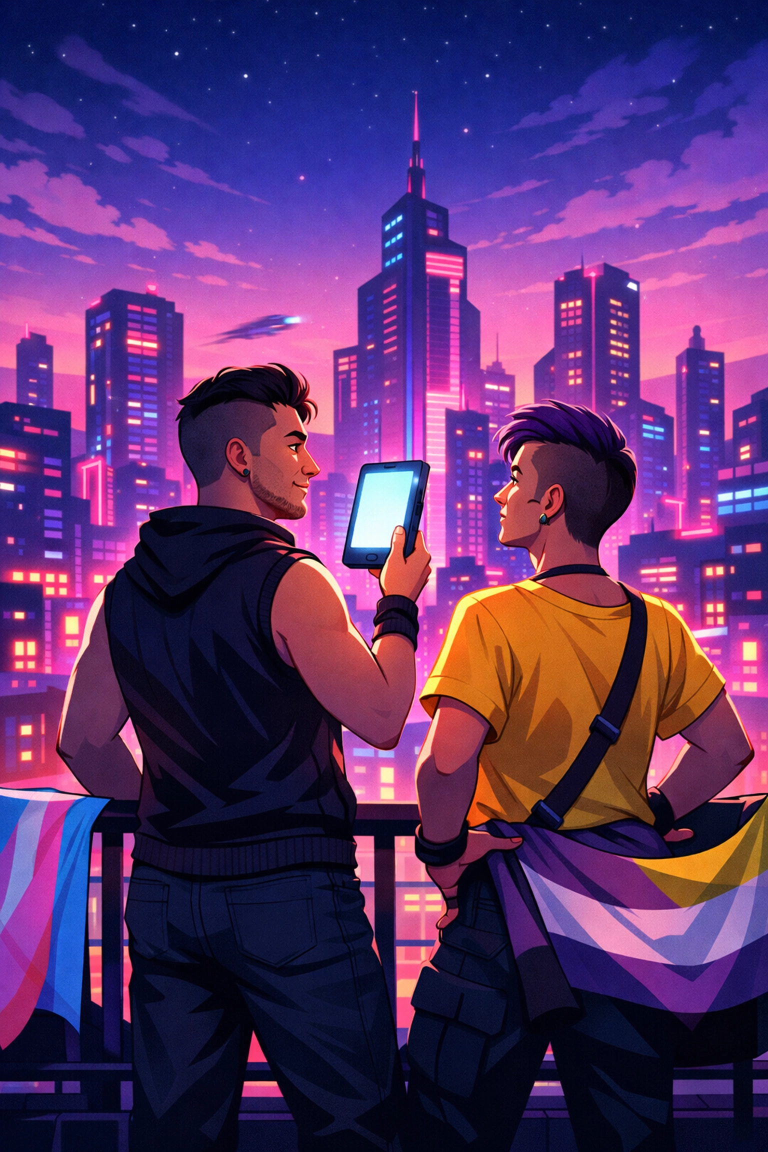 Trans and non-binary characters on a rooftop with a digital e-reader showcasing the future of LGBTQ+ ebooks.