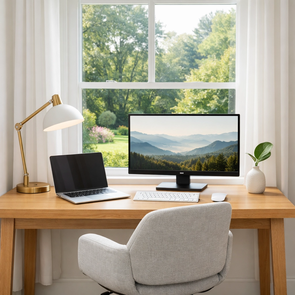 Professional home office in fully furnished corporate housing with a garden view and high-end equipment.