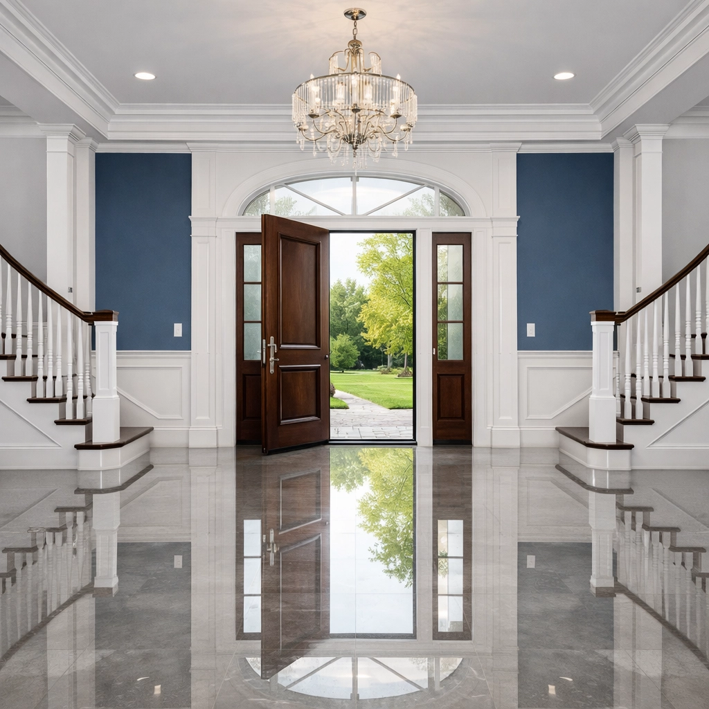A spotless, move-in ready foyer in a Massachusetts home showcasing gleaming floors after professional cleaning services.