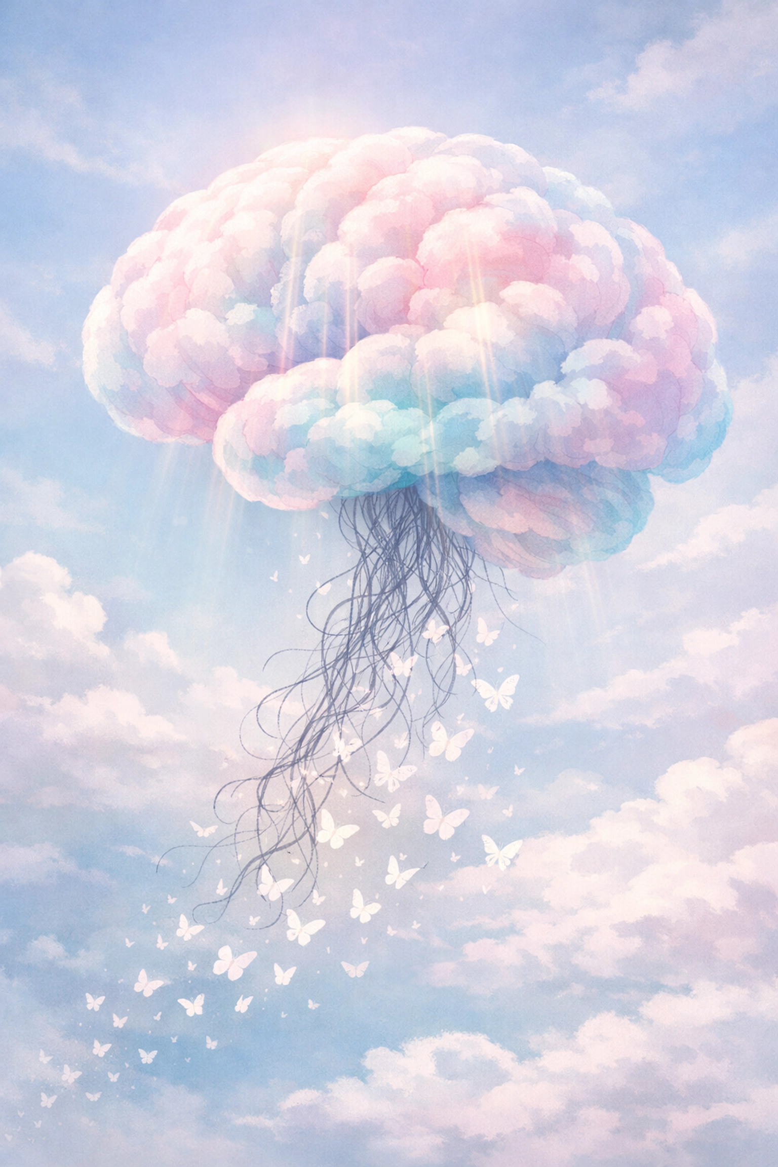 Creative mind freeing itself from overthinking as tangled thoughts transform into butterflies