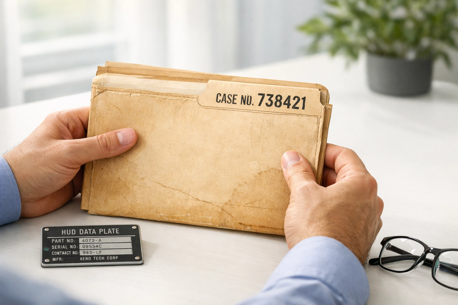 Professional mobile home title search using HUD tag numbers and VIN records in a clean office.