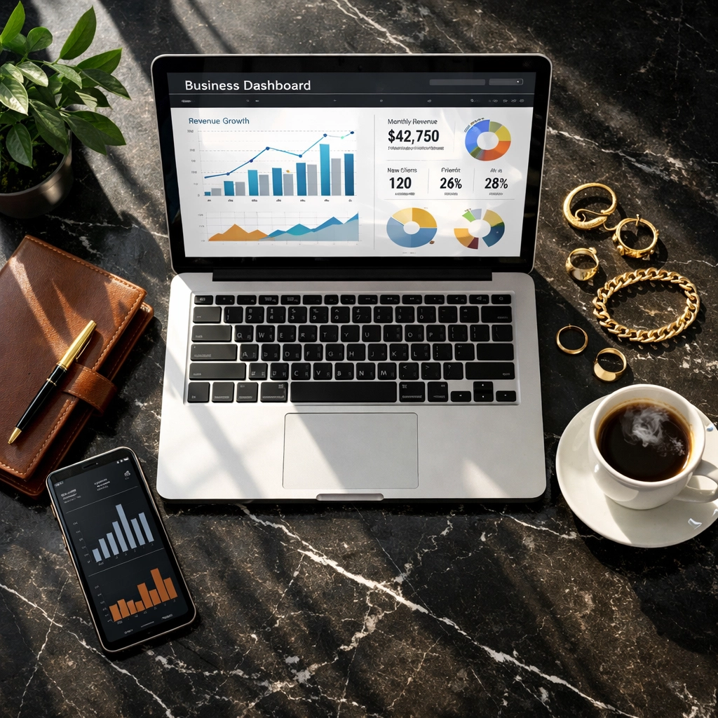 Entrepreneur workspace with laptop showing Black business success and strategic planning