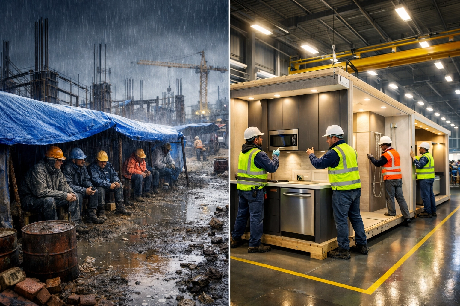 Factory-built modular home construction versus traditional building site comparison