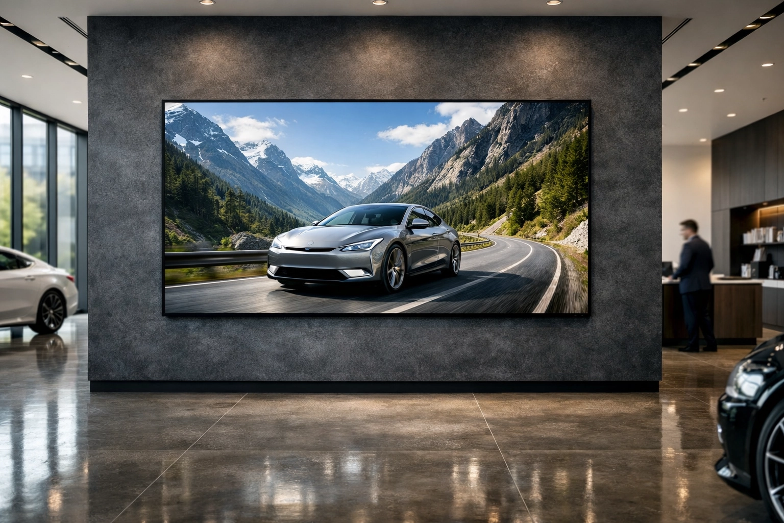 High-definition digital signage screen in a luxury car showroom showcasing inventory for dealer marketing.