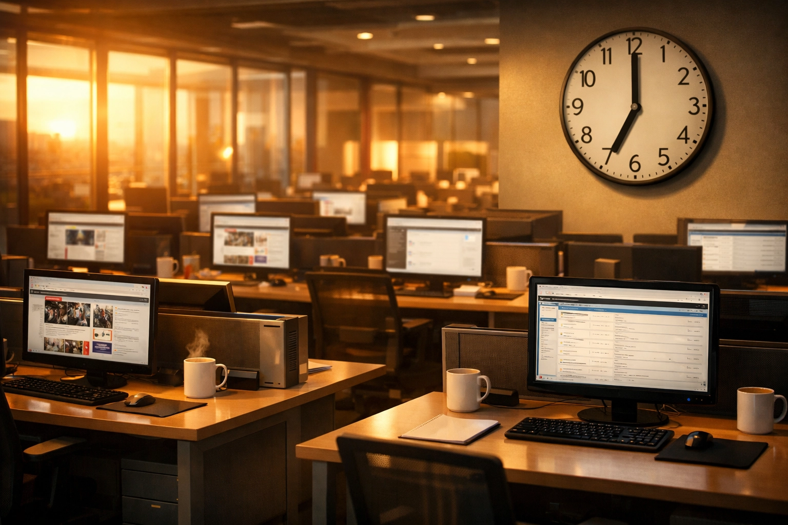 Modern newsroom at 7AM with journalists' desks ready for morning press releases and media coverage