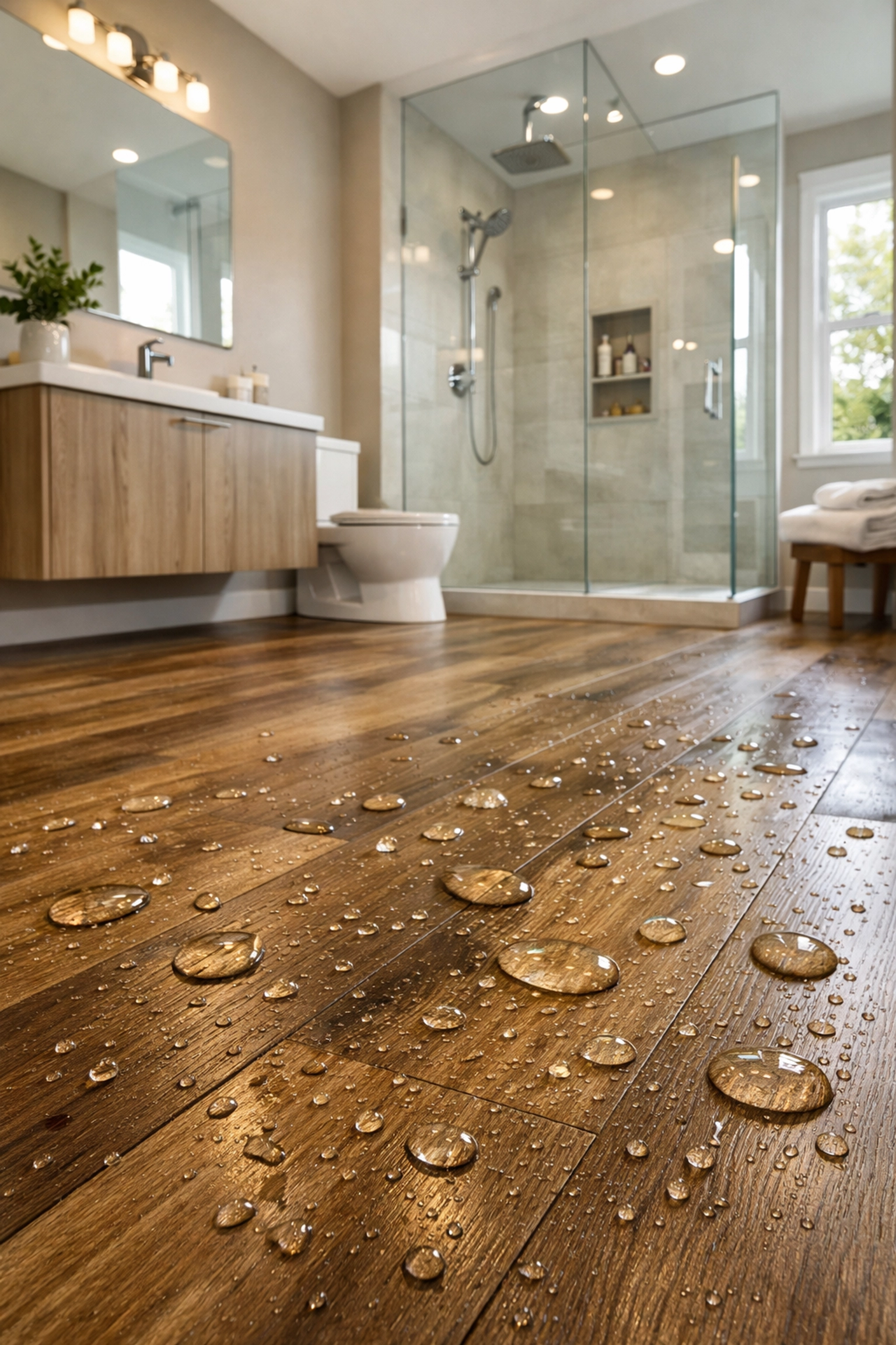 Contemporary Orlando bathroom with waterproof luxury vinyl plank flooring and modern fixtures
