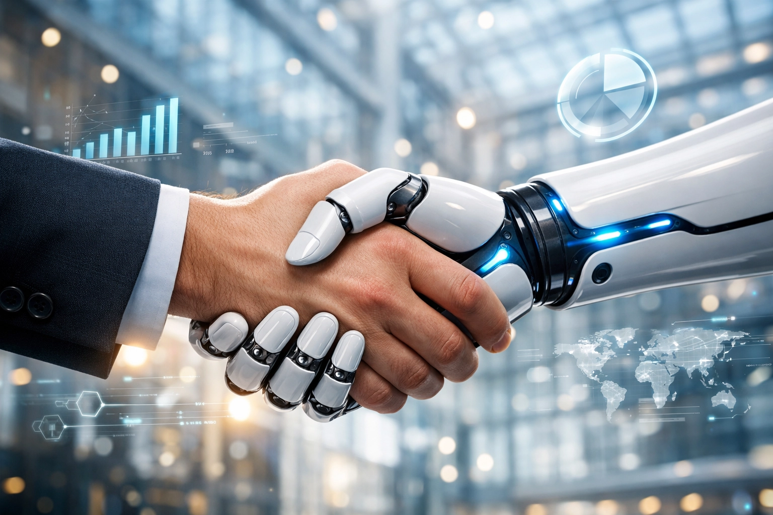 Handschlag zwischen Mensch und KI als Symbol für Vertrauen und erfolgreiche Partnerschaft im Mittelstand.